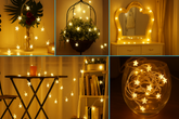 Collage of string lights in various settings including a table, mirror, and vase.