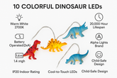 Colorful dinosaur-shaped LEDs with features listed on a white background