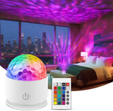 Colorful light projector in a bedroom with cityscape view