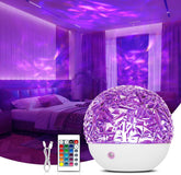 Colorful light projector in a room with purple lighting