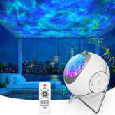 Colorful light projector with remote control on a stand, creating a starry night effect in a room with cityscape view.