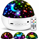 Colorful night light projector with remote control and LED lights on a white background