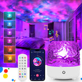 Colorful night light projector with smartphone app and remote control in a bedroom setting.