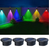 Colorful outdoor lights on a fence with four solar-powered lights in the foreground.