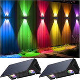 Colorful outdoor wall lights on a wooden wall with solar panel lights at the bottom.