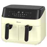 Cream-colored air fryer with black control panel on a white background