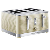 Cream-colored toaster with metallic accents on a white background