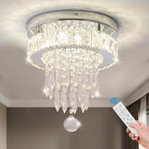 Crystal ceiling light fixture with remote control on a neutral background