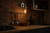 Dark kitchen with wooden countertop, brick wall, and hanging utensils.