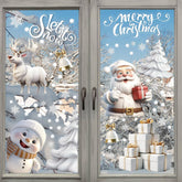 Decorative Christmas window stickers with Santa Claus, reindeer, snowman, and presents on a snowy background.