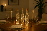 Decorative bottles with string lights on a table setting with candles and glasses.