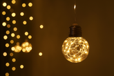 Decorative light bulb with string lights against a warm, blurred background