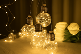Decorative light bulbs with string lights on a surface with a blurred background