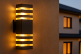 Decorative wall light fixture on a building exterior with warm glow