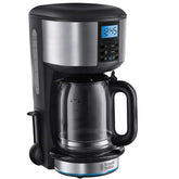 Digital coffee maker with a clear glass carafe on a white background