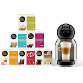 Dolce Gusto coffee machine with a variety of coffee pod packages on a white background