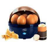 Egg cooker with eggs and toast on a white background