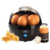 Egg cooker with eggs and toast on a white background