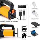 Flashlight with charging cable, adapter, car charger, and power bank on a white background