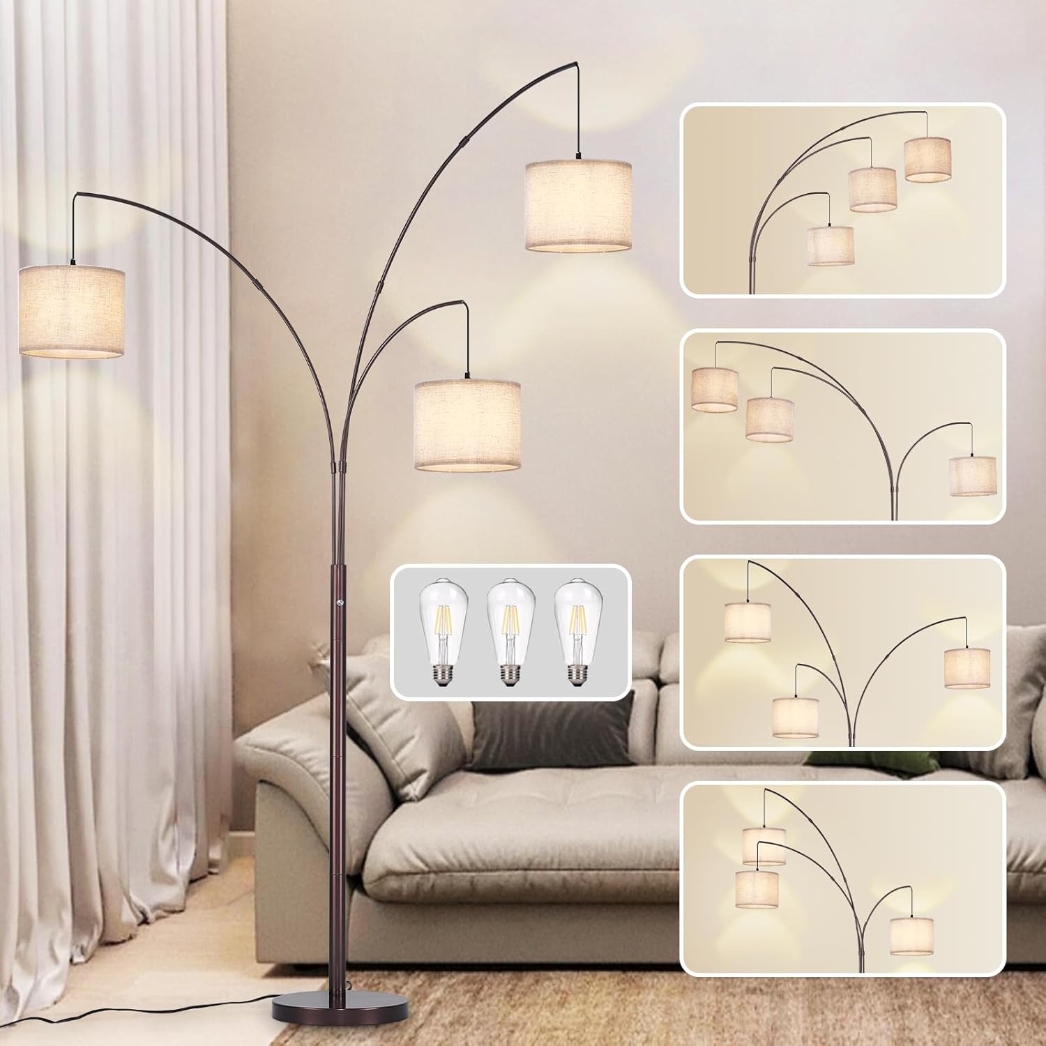 Modern 3-Light Floor Lamp with Beige Shades – Arc Standing Tree Lamp