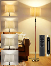 Floor lamp with remote control in a living room setting