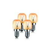 Four vintage-style light bulbs with orange glass and silver bases on a white background