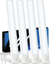 Four white LED strip lights with motion sensors on a white background