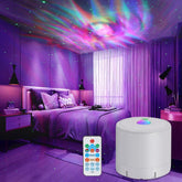 Galaxy star projector lighting up bedroom ceiling with nebula effects