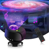Glowing purple light projector with remote control in a room with music notes and a galaxy background.