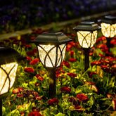 Glowing solar garden lights in a flower garden