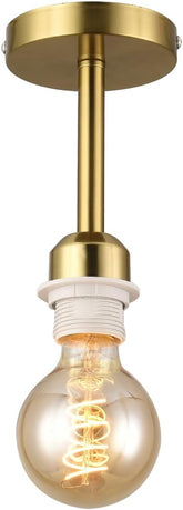 Gold ceiling light fixture with a lit bulb on a white background