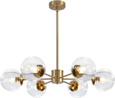 Gold chandelier with clear glass bulbs on a white background