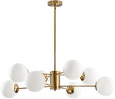 Gold chandelier with white glass globes on a white background