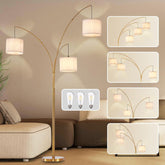 Gold floor lamp with white lampshades in a living room setting, surrounded by smaller images of the lamp.