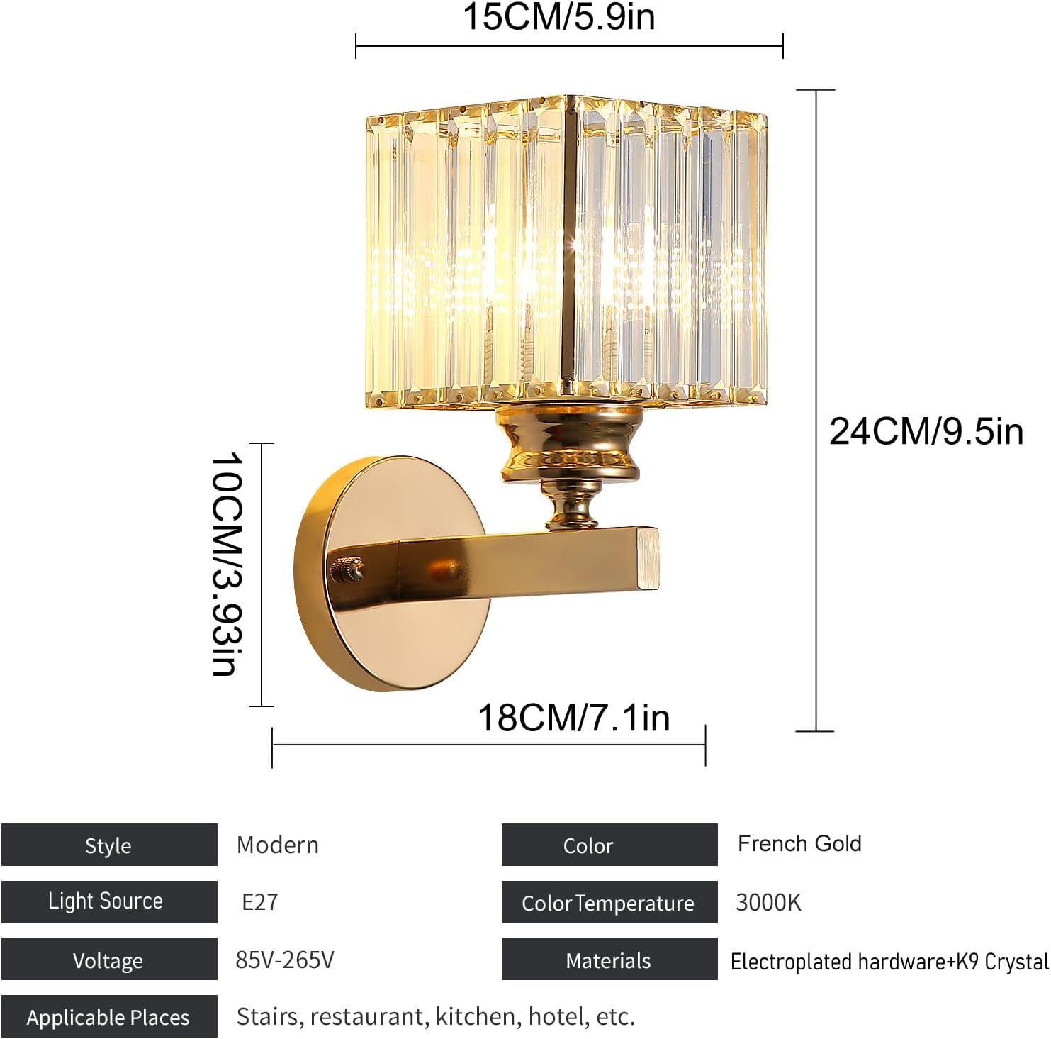 Gold wall sconce with dimensions and specifications on a white background