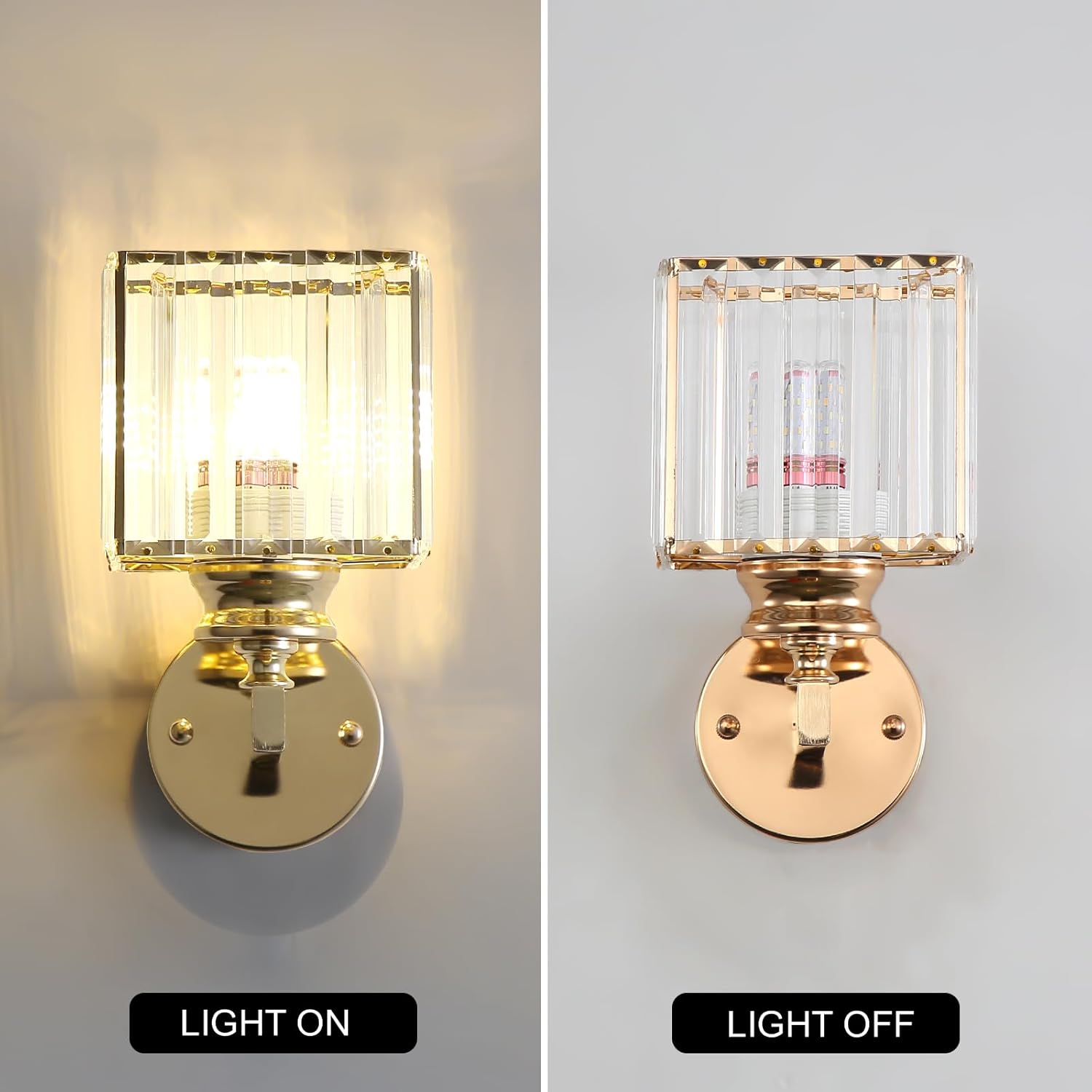 Gold wall sconce with glass shade showing light on and off states.