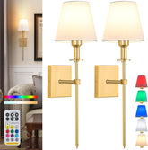 Gold wall sconces with white lampshades, remote control, and color options displayed.