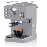 Gray Swan espresso machine with a cup of coffee on a white background