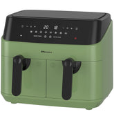 Green and black EMtronics air fryer on a white background