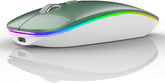 Green and white computer mouse with RGB lighting on a reflective surface