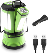Green camping lantern with black accents, USB cable, and car charger on a white background