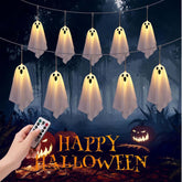Halloween ghost lights with a remote control, pumpkins, and 'Happy Halloween' text in a dark forest setting.