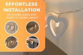 Heart-shaped string lights with an orange panel highlighting 'Effortless Installation' on a neutral background.