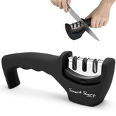 Knife sharpener with a knife being sharpened on a white background