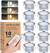 LED deck lights with remote control and packaging, showing different light colors.