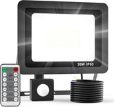 LED flood light with remote control and wiring on a white background