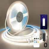 LED strip light set with remote control, power adapter, and smartphone app on a neutral background