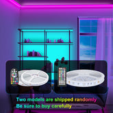 LED strip lights with remote controls in a room setting with purple and blue lighting.