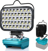 LED work light with blue base and black housing on a white background