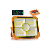 LED work light with solar panel and battery pack on a white background